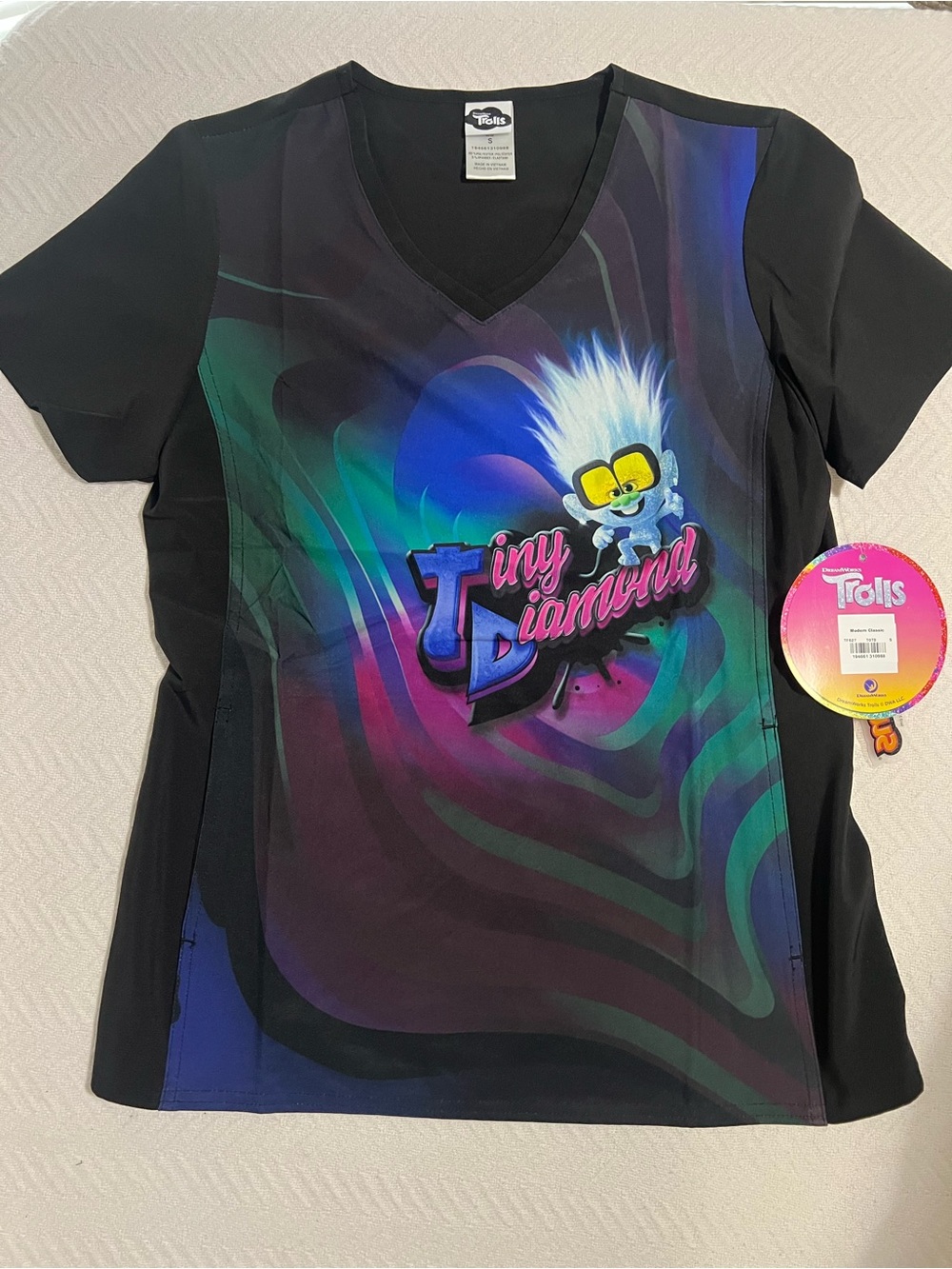 Trolls Black V-Neck Top with Multicolor Tiny Diamond Graphic scrubs Small